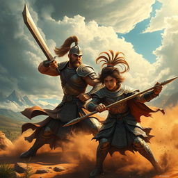 A dynamic scene depicting the legendary battle between Rostam and Sohrab from Persian mythology