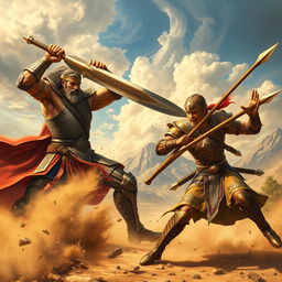 A dynamic scene depicting the legendary battle between Rostam and Sohrab from Persian mythology
