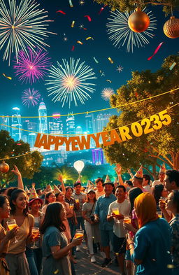 A vibrant and festive scene depicting the celebration of the New Year 2025