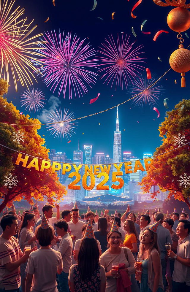 A vibrant and festive scene depicting the celebration of the New Year 2025