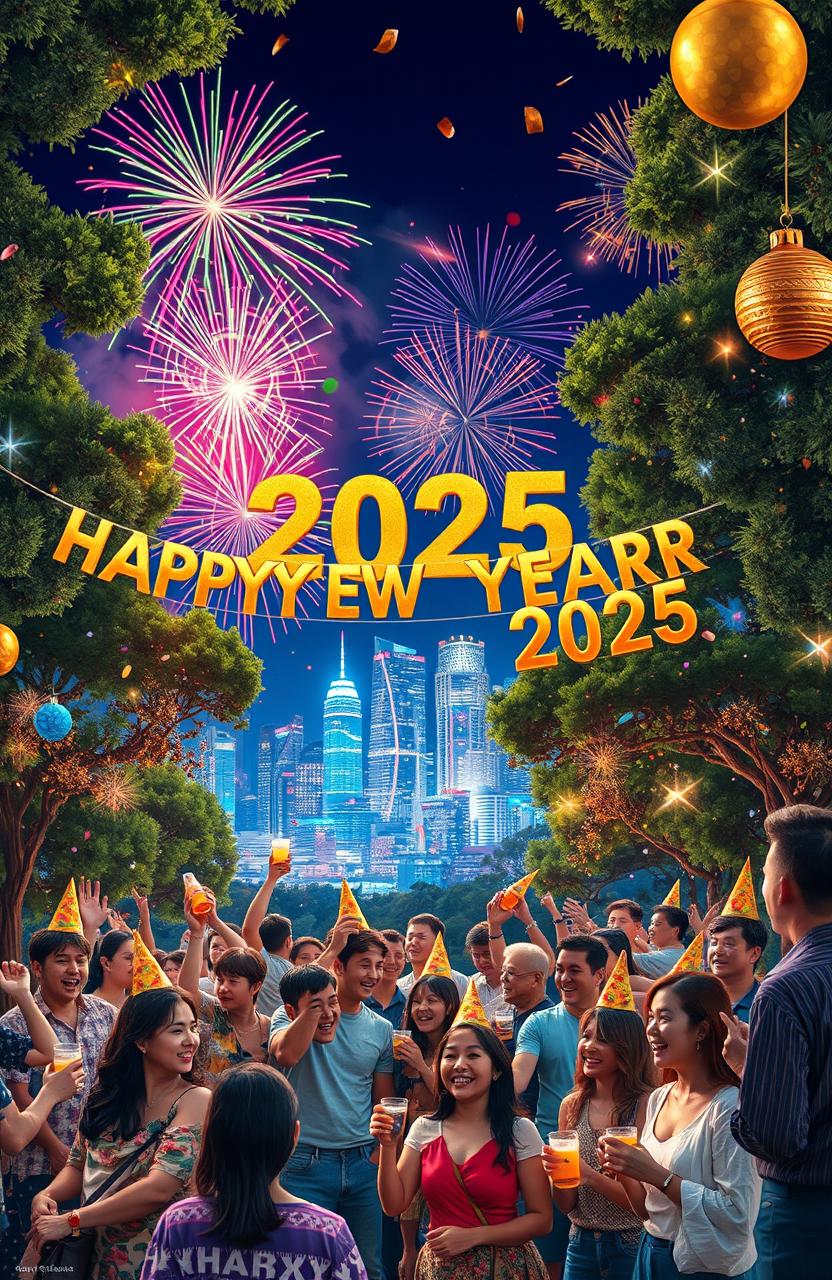 A vibrant and festive scene depicting the celebration of the New Year 2025