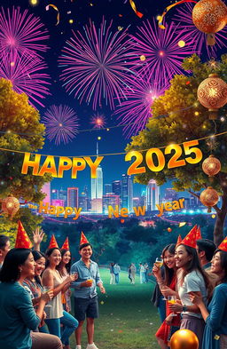 A vibrant and festive scene depicting the celebration of the New Year 2025