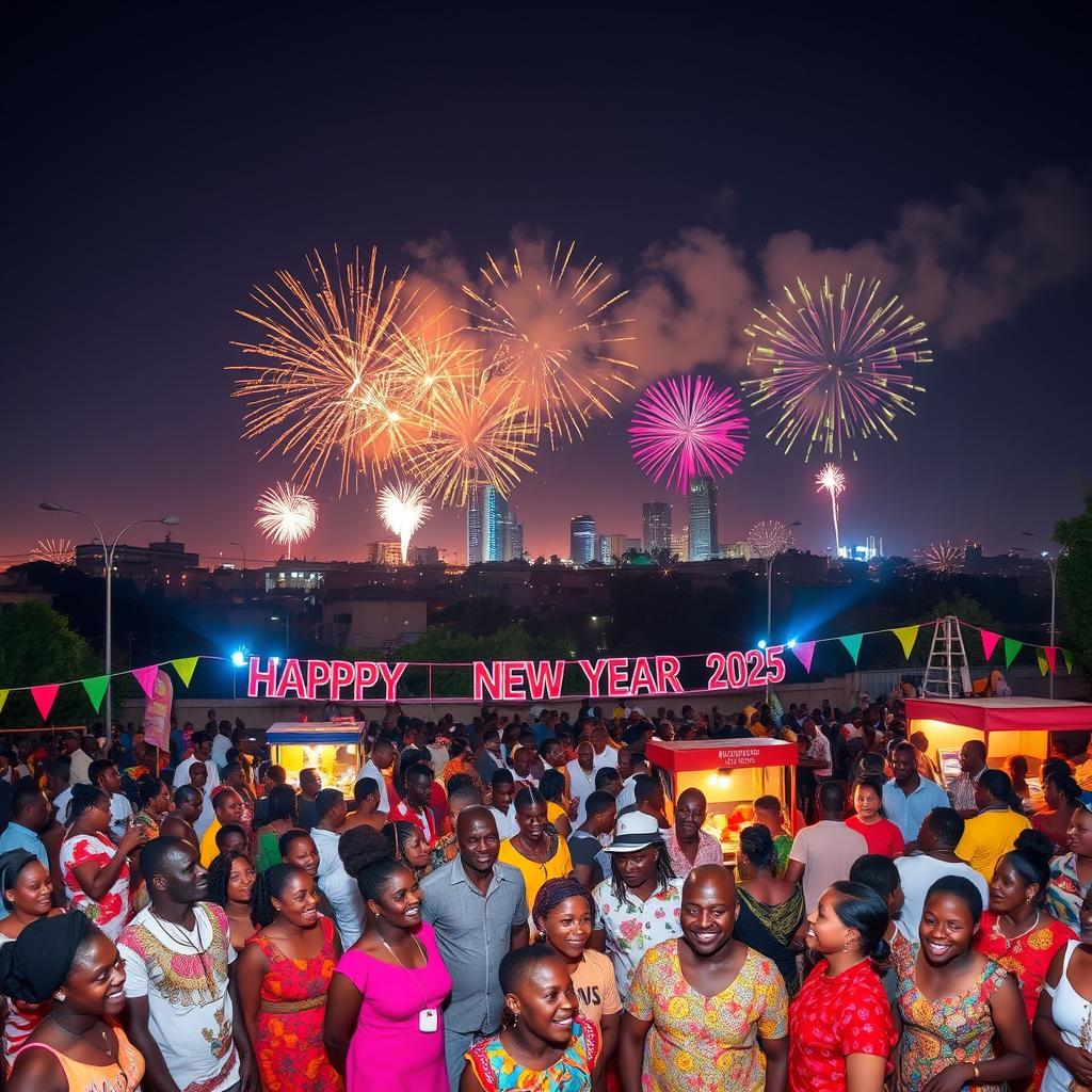 A vibrant New Year 2025 celebration scene set in Nairobi, Kenya