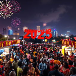 A vibrant New Year 2025 celebration scene set in Nairobi, Kenya