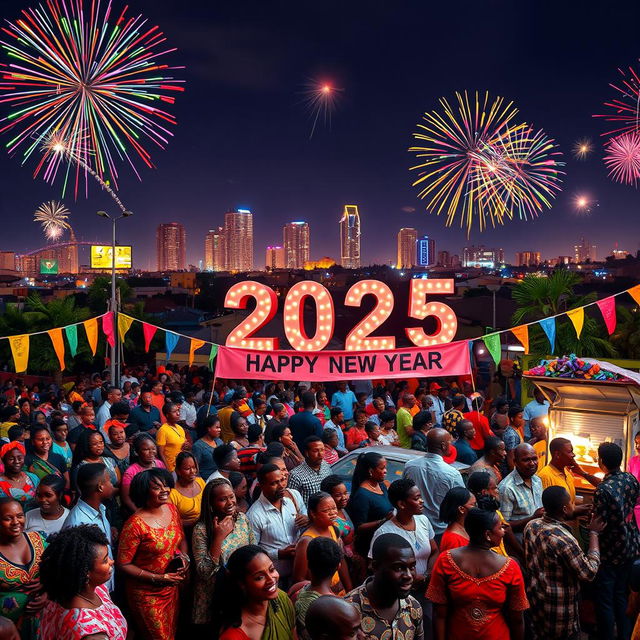 A vibrant New Year 2025 celebration scene set in Nairobi, Kenya