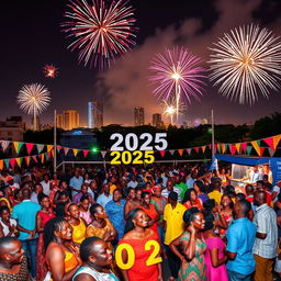 A vibrant New Year 2025 celebration scene set in Nairobi, Kenya