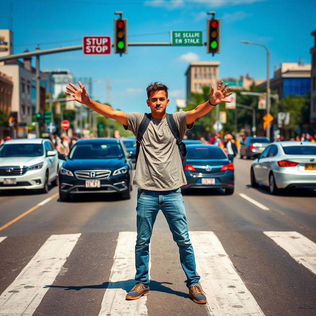 A person crossing a busy road, standing confidently with both arms extended sideways in a 'T' shape to signal cars to stop