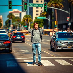 A person crossing a busy road, standing confidently with both arms extended sideways in a 'T' shape to signal cars to stop