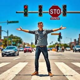 A person crossing a busy road, standing confidently with both arms extended sideways in a 'T' shape to signal cars to stop