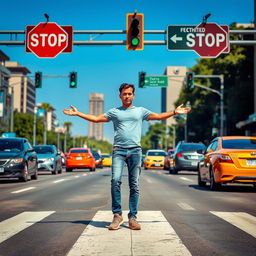 A person crossing a busy road, standing confidently with both arms extended sideways in a 'T' shape to signal cars to stop