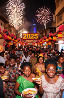 A vibrant street scene in Nairobi, Kenya celebrating the New Year 2025 with colorful decorations, joyful crowds, and fireworks lighting up the night sky