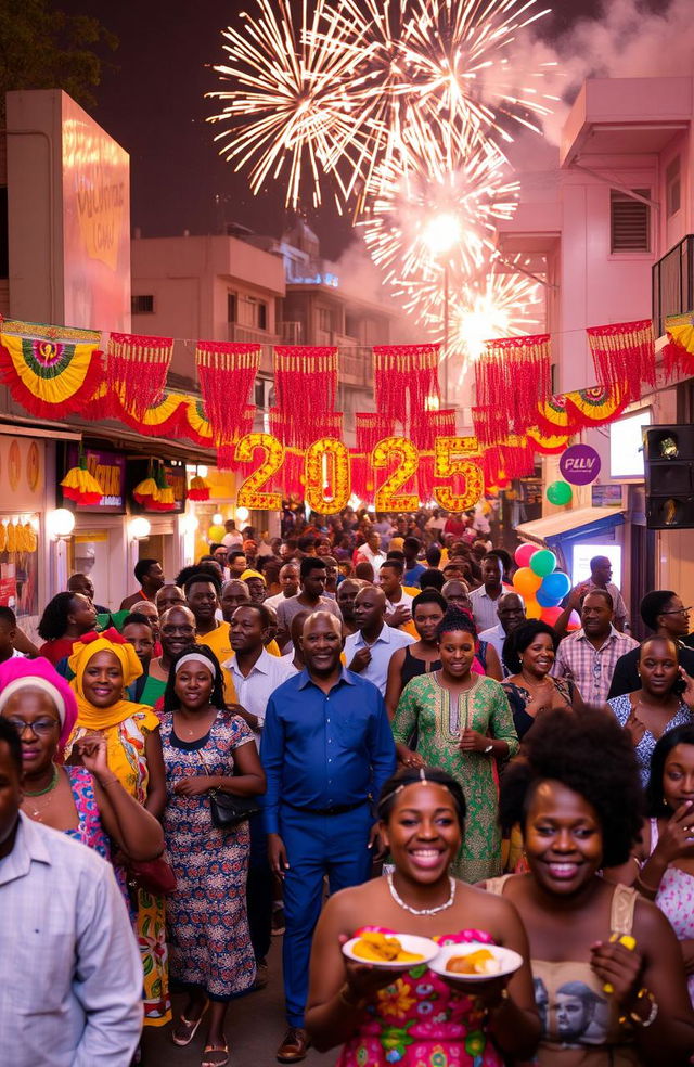 A vibrant street scene in Nairobi, Kenya celebrating the New Year 2025 with colorful decorations, joyful crowds, and fireworks lighting up the night sky