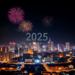 A stunning nighttime scene in Nairobi, Kenya, celebrating the New Year 2025, showcasing a skyline filled with impressive skyscrapers illuminated by vibrant fireworks in the sky