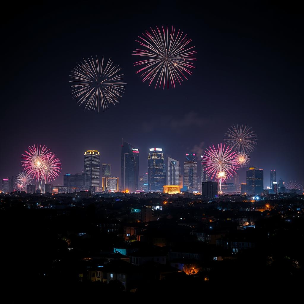 A stunning nighttime scene in Nairobi, Kenya, celebrating the New Year 2025, showcasing a skyline filled with impressive skyscrapers illuminated by vibrant fireworks in the sky