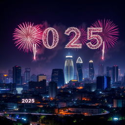 A stunning nighttime scene in Nairobi, Kenya, celebrating the New Year 2025, showcasing a skyline filled with impressive skyscrapers illuminated by vibrant fireworks in the sky
