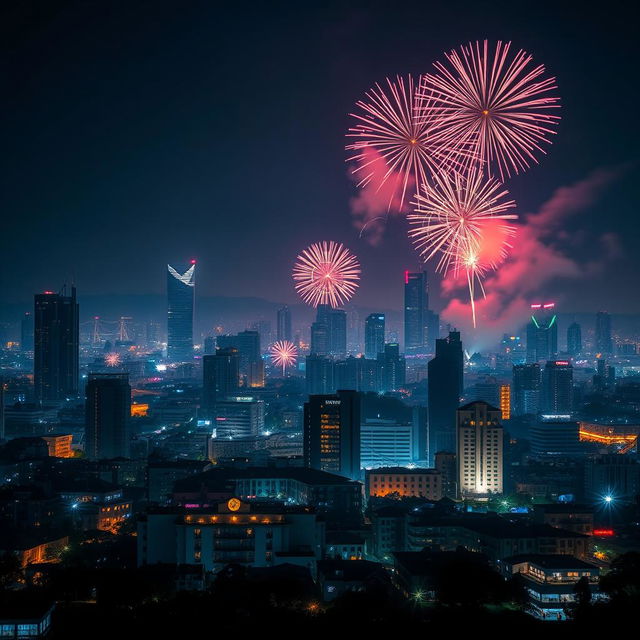 A stunning nighttime scene in Nairobi, Kenya, celebrating the New Year 2025, showcasing a skyline filled with impressive skyscrapers illuminated by vibrant fireworks in the sky