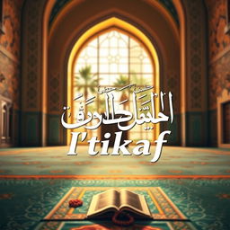 A vibrant and inspiring poster designed for I'tikaf, featuring a serene mosque interior with intricate Islamic geometric patterns