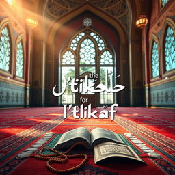 A vibrant and inspiring poster designed for I'tikaf, featuring a serene mosque interior with intricate Islamic geometric patterns
