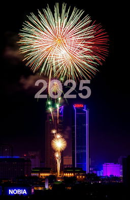 A vibrant and festive scene celebrating the New Year 2025 in Nairobi, Kenya