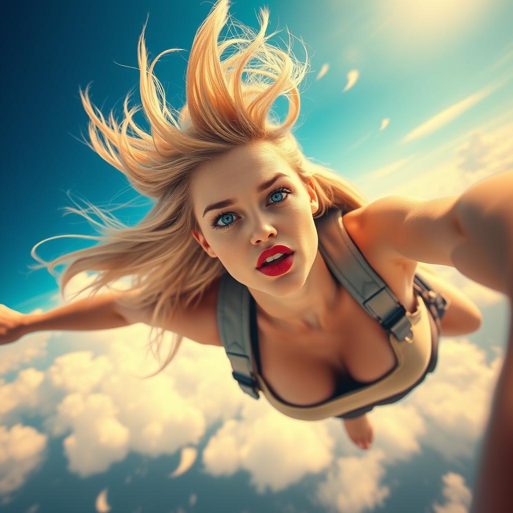 A sexy blonde woman with striking blue eyes and bright red lips is dramatically falling from the sky