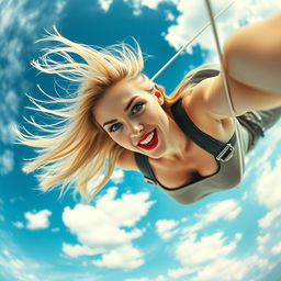 A sexy blonde woman with striking blue eyes and bright red lips is dramatically falling from the sky