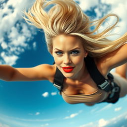 A sexy blonde woman with striking blue eyes and bright red lips is dramatically falling from the sky
