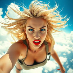 A sexy blonde woman with striking blue eyes and bright red lips is dramatically falling from the sky