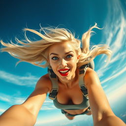 A sexy blonde woman wearing a stylish crop top, with striking blue eyes and bold red lips, is falling from the sky at high speed