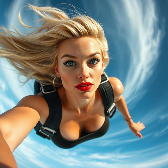 A sexy blonde woman wearing a stylish crop top, with striking blue eyes and bold red lips, is falling from the sky at high speed