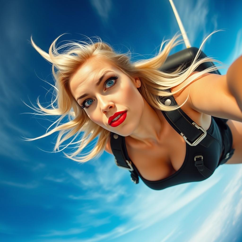 A sexy blonde woman wearing a stylish crop top, with striking blue eyes and bold red lips, is falling from the sky at high speed