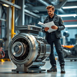 A man confidently stands beside a sleek, futuristic electric motor, designed for high-performance