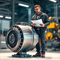 A man confidently stands beside a sleek, futuristic electric motor, designed for high-performance