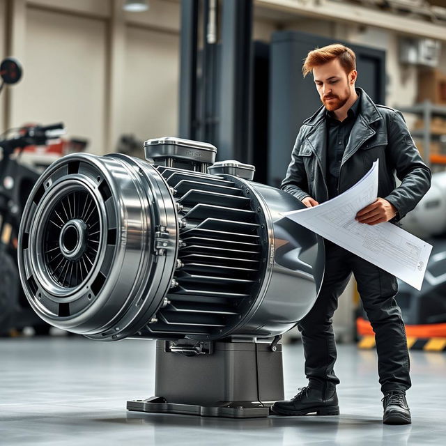 A man confidently stands beside a sleek, futuristic electric motor, designed for high-performance