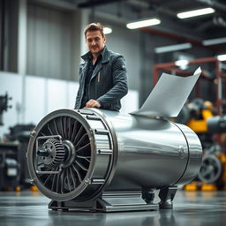 A man confidently stands beside a sleek, futuristic electric motor, designed for high-performance