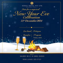 An elegant invitation design for Komal Hotel Pvt Ltd's New Year Eve event on 31st December 2024