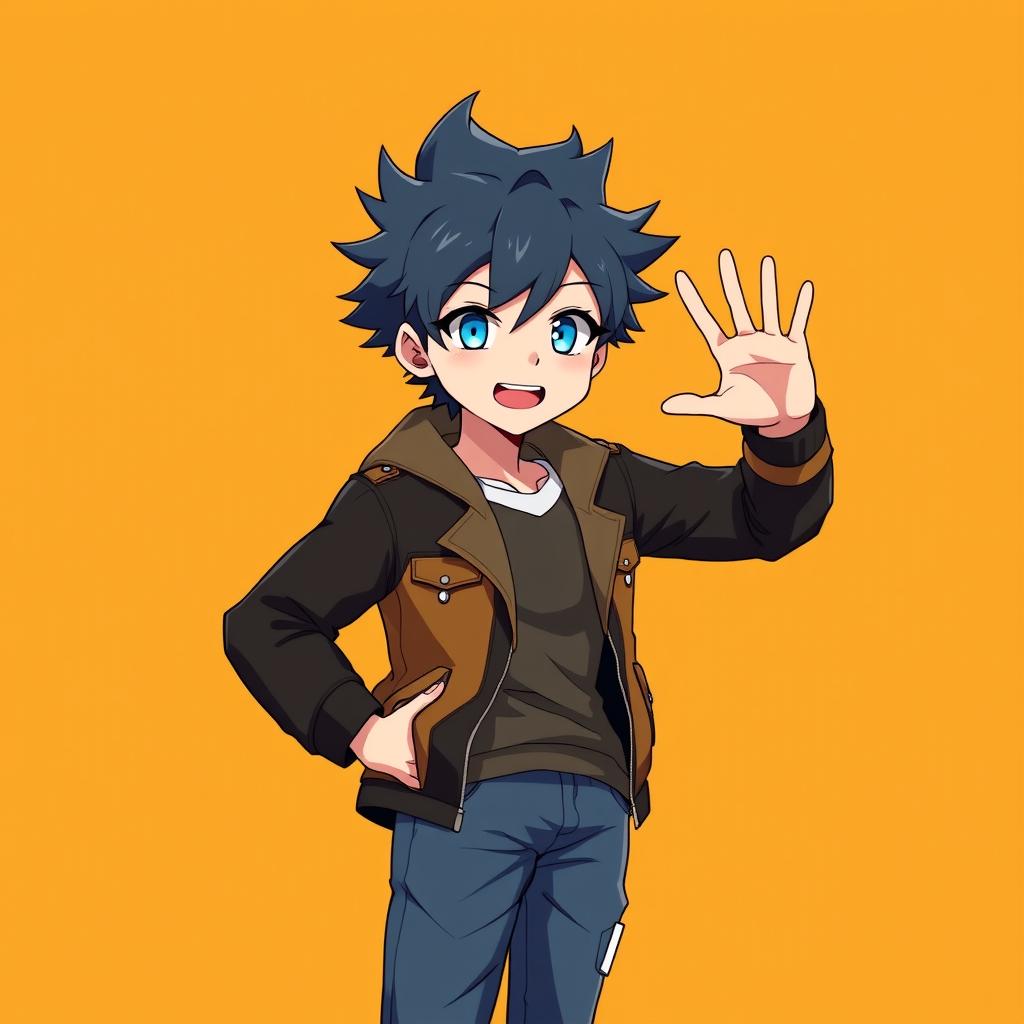 An anime boy with spiky hair and bright blue eyes, wearing a trendy outfit consisting of a stylish jacket and jeans, standing confidently with a playful expression