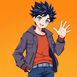 An anime boy with spiky hair and bright blue eyes, wearing a trendy outfit consisting of a stylish jacket and jeans, standing confidently with a playful expression