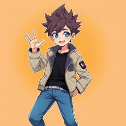 An anime boy with spiky hair and bright blue eyes, wearing a trendy outfit consisting of a stylish jacket and jeans, standing confidently with a playful expression