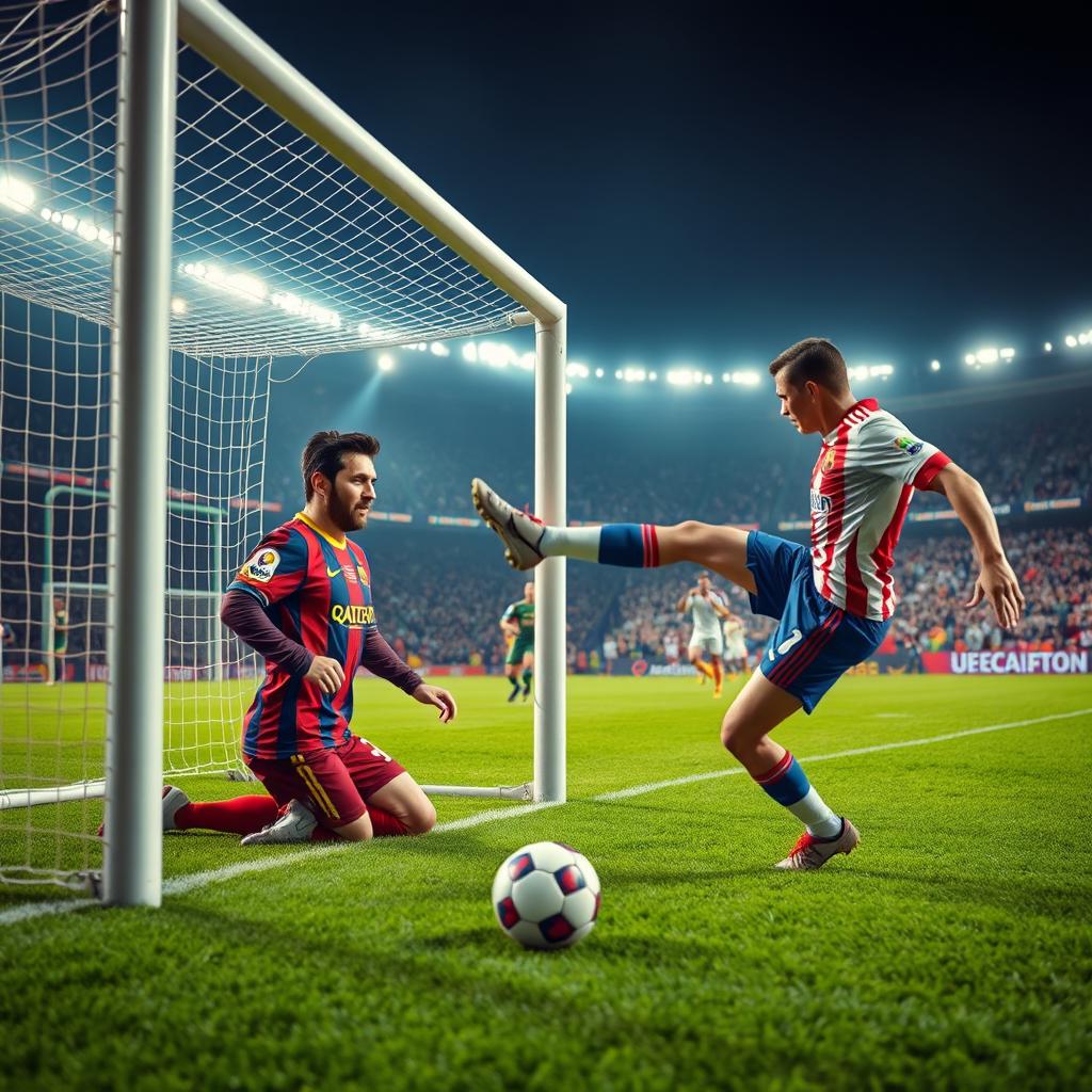 A large football field scene featuring the famous football player Lionel Messi positioned inside the goal, with his signature look