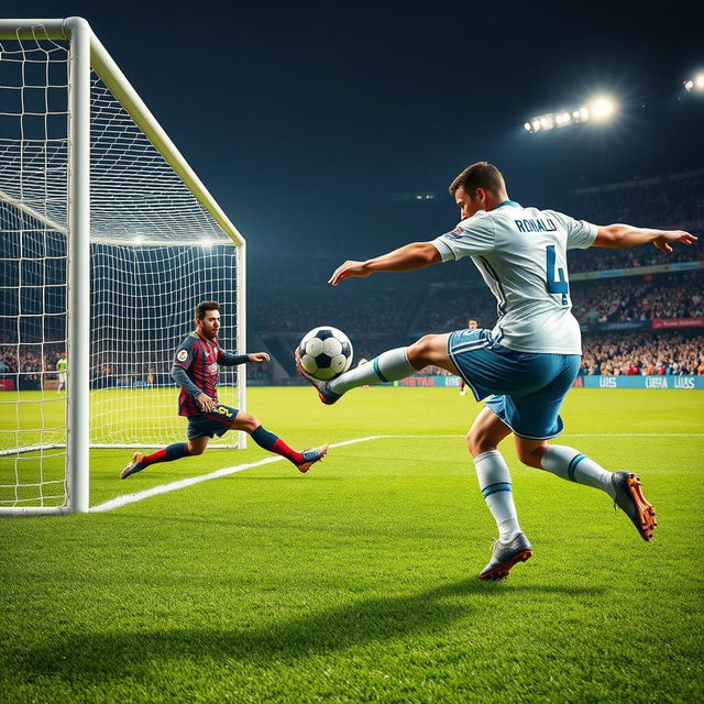 A large football field scene featuring the famous football player Lionel Messi positioned inside the goal, with his signature look