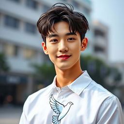 A portrait of a young man with striking features, resembling Jungkook from BTS, wearing a crisp white shirt