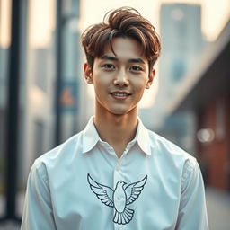 A portrait of a young man with striking features, resembling Jungkook from BTS, wearing a crisp white shirt