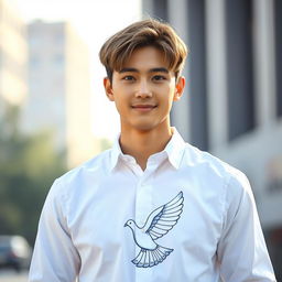 A portrait of a young man with striking features, resembling Jungkook from BTS, wearing a crisp white shirt