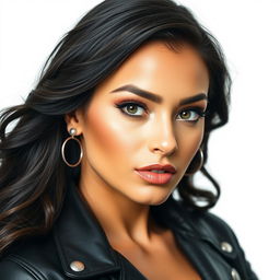 A stunning close-up portrait of a confident woman with striking features