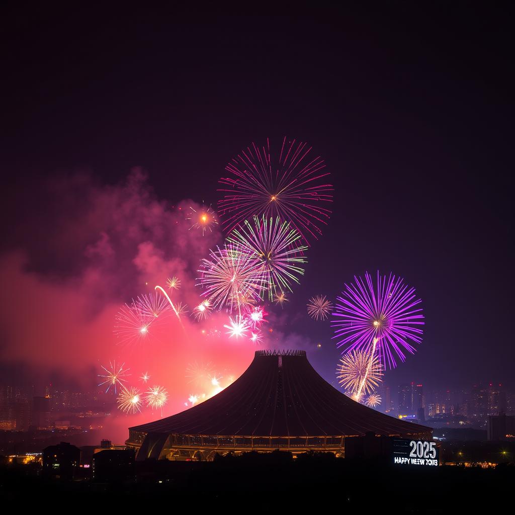 A breathtaking scene celebrating New Year 2025 in Nairobi, Kenya, featuring a dazzling display of fireworks exploding over the iconic Kenyatta International Conference Centre