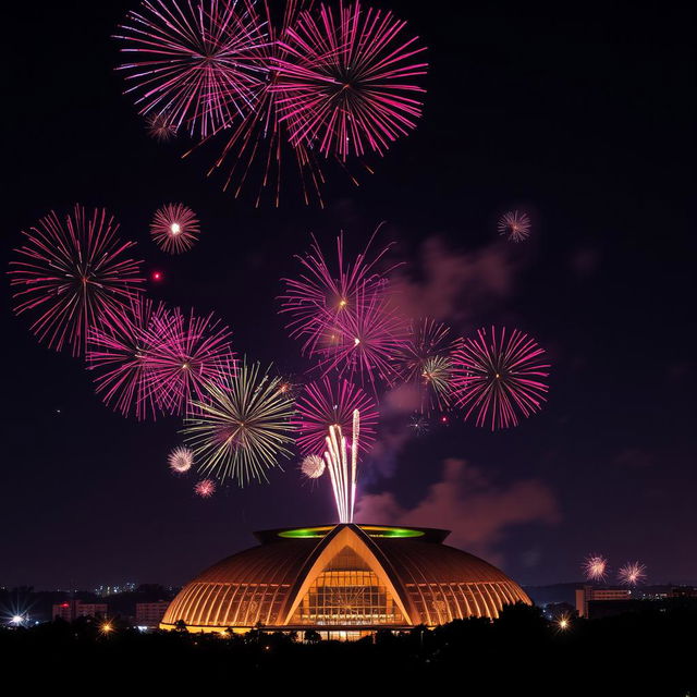 A breathtaking scene celebrating New Year 2025 in Nairobi, Kenya, featuring a dazzling display of fireworks exploding over the iconic Kenyatta International Conference Centre