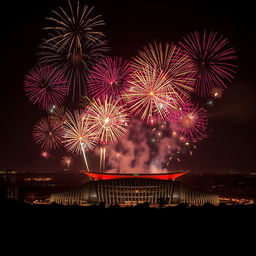 A breathtaking scene celebrating New Year 2025 in Nairobi, Kenya, featuring a dazzling display of fireworks exploding over the iconic Kenyatta International Conference Centre