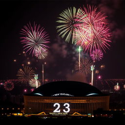 A breathtaking scene celebrating New Year 2025 in Nairobi, Kenya, featuring a dazzling display of fireworks exploding over the iconic Kenyatta International Conference Centre