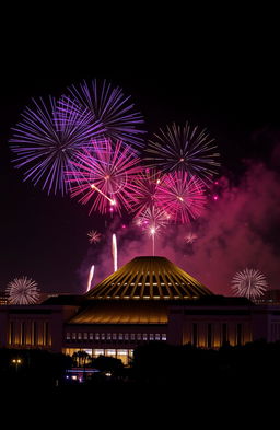 A stunning New Year 2025 celebration scene in Nairobi, Kenya, featuring vibrant fireworks exploding in the night sky above the iconic Kenyatta International Conference Centre