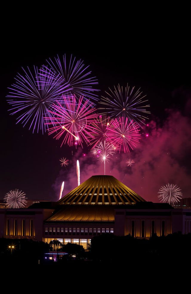 A stunning New Year 2025 celebration scene in Nairobi, Kenya, featuring vibrant fireworks exploding in the night sky above the iconic Kenyatta International Conference Centre